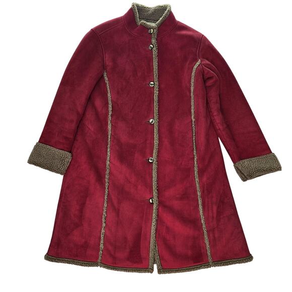 LL Bean Coat Womens XL Red Tan Faux Suede Sherpa Lined Button Long Bohemian Boho - Picture 1 of 11